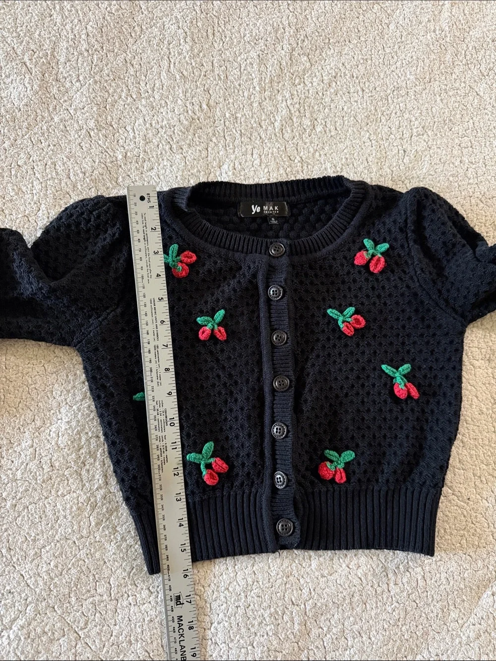 Ye Mak Cotton Crochet Black Cherry-Appliqué Button-Front Cardigan Small